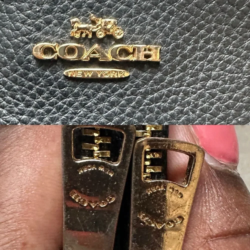 Coach Black Double Zip Wallet Black Pebble Leather with Gold Hardware